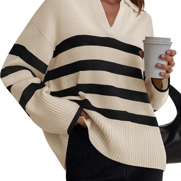 ZESICA Women’s Striped Chunky Knit Oversized Pullover Sweater - Picture 1 of 8